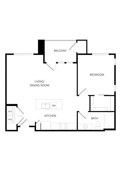 Floor plan for 1 bed, 1 bath, 744 sqft